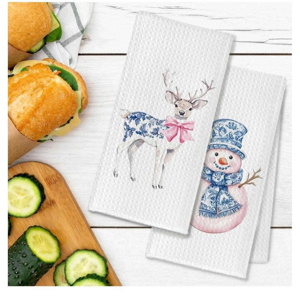 Chinoiserie Christmas Kitchen Bathroom Towels, Blue Bow Tree, Set of 4, 16x24